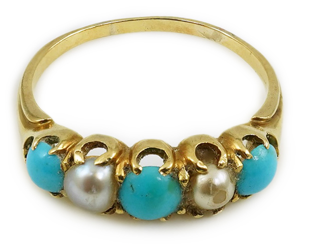 An early 20th century gold, three stone turquoise and two stone split pearl set half hoop ring